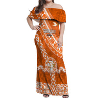 Custom Tailulu College Off Shoulder Maxi Dress Tongan Kupesi Pattern LT05 Women Orange - Polynesian Pride