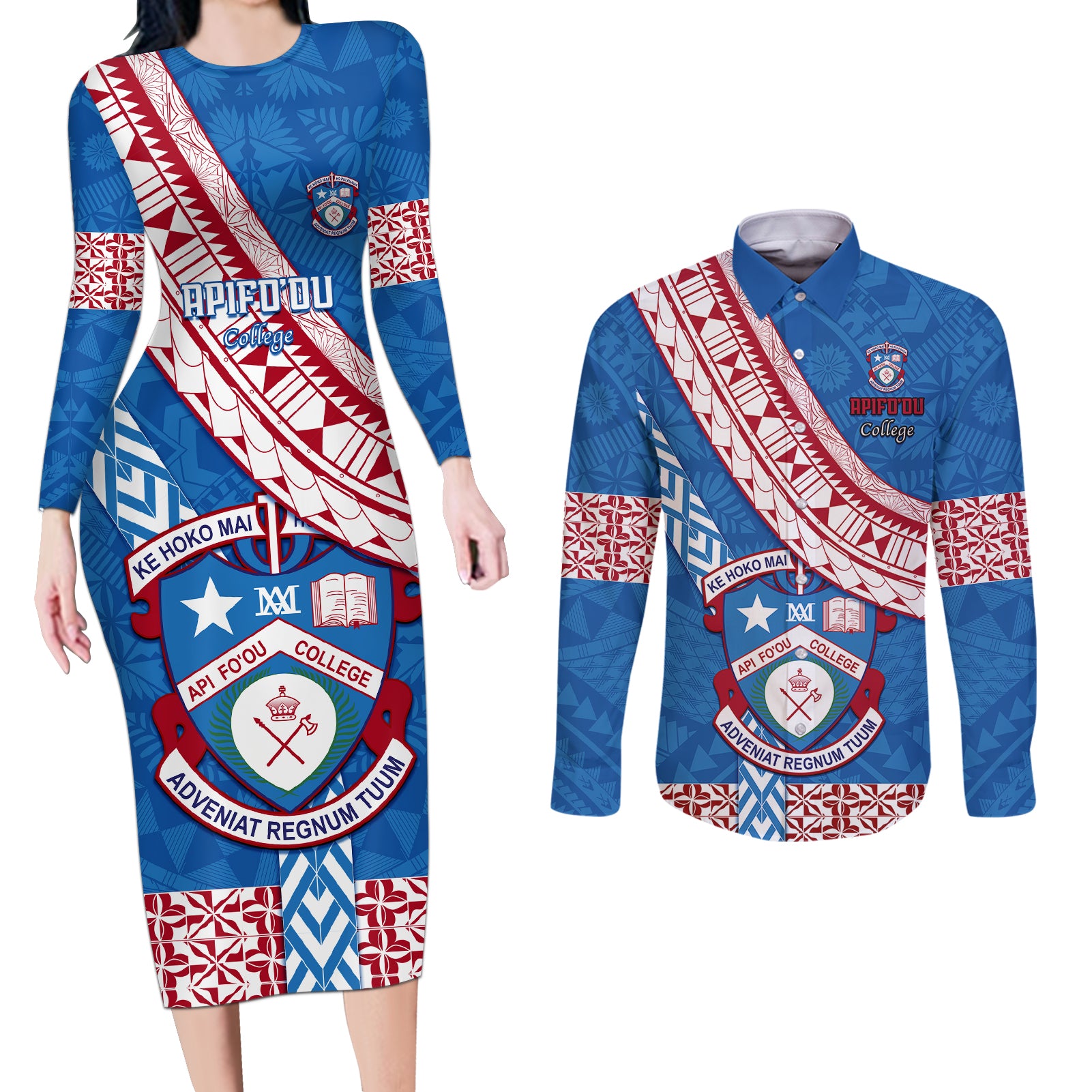 custom-apifoou-college-couples-matching-long-sleeve-bodycon-dress-and-long-sleeve-button-shirts-tongan-kupesi-pattern