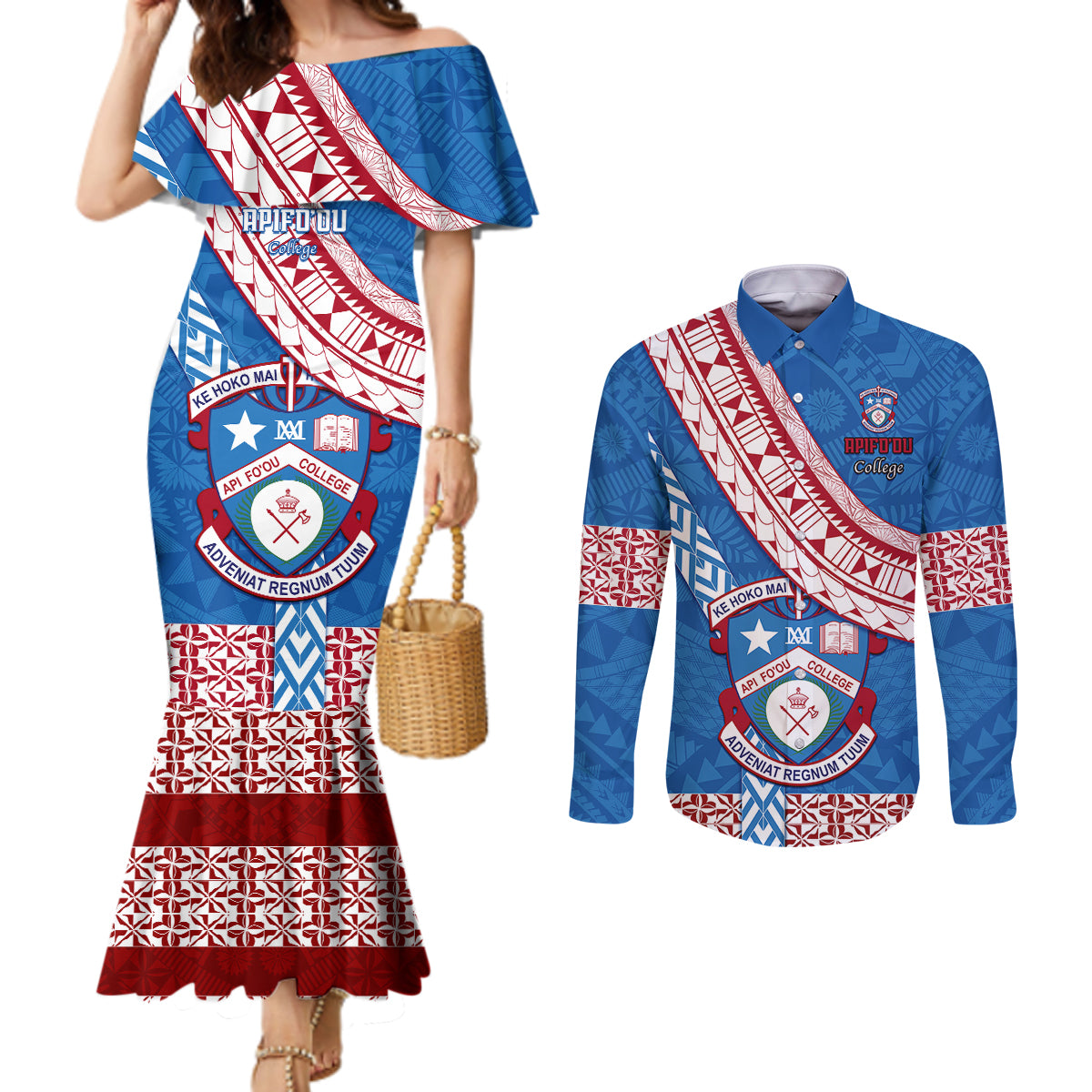 custom-apifoou-college-couples-matching-mermaid-dress-and-long-sleeve-button-shirts-tongan-kupesi-pattern