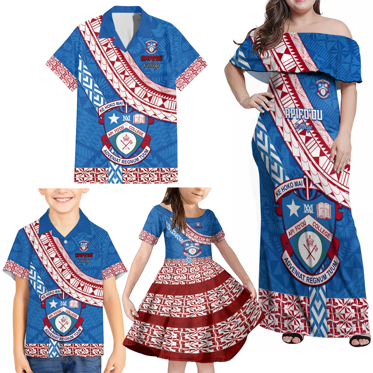 Custom Apifoou College Family Matching Off Shoulder Maxi Dress and Hawaiian Shirt Tongan Kupesi Pattern LT05 - Polynesian Pride