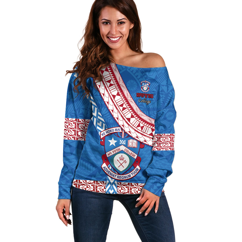 Custom Apifoou College Off Shoulder Sweater Tongan Kupesi Pattern LT05 Women Blue - Polynesian Pride