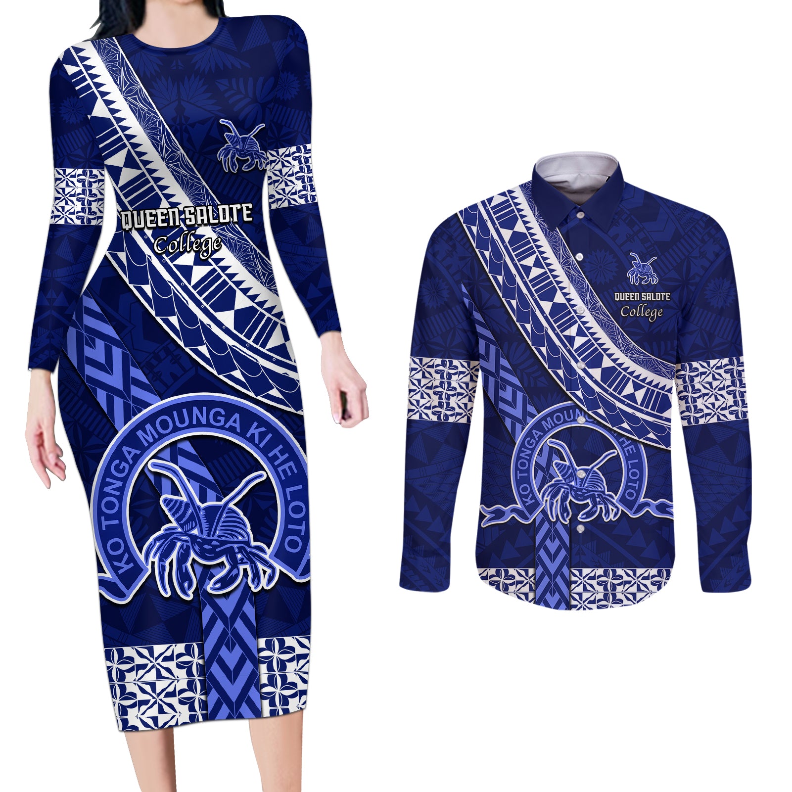 custom-queen-salote-college-couples-matching-long-sleeve-bodycon-dress-and-long-sleeve-button-shirts-tongan-kupesi-pattern