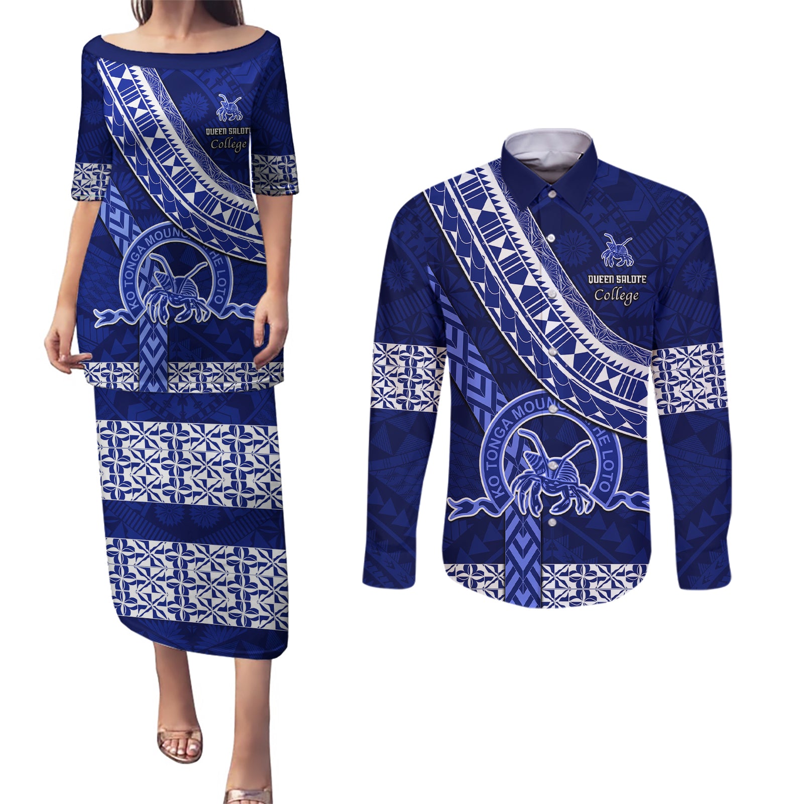 Custom Queen Salote College Couples Matching Puletasi Dress and Long Sleeve Button Shirts Tongan Kupesi Pattern LT05