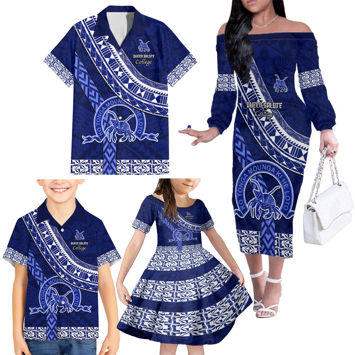 Custom Queen Salote College Family Matching Off Shoulder Long Sleeve Dress and Hawaiian Shirt Tongan Kupesi Pattern LT05 - Polynesian Pride