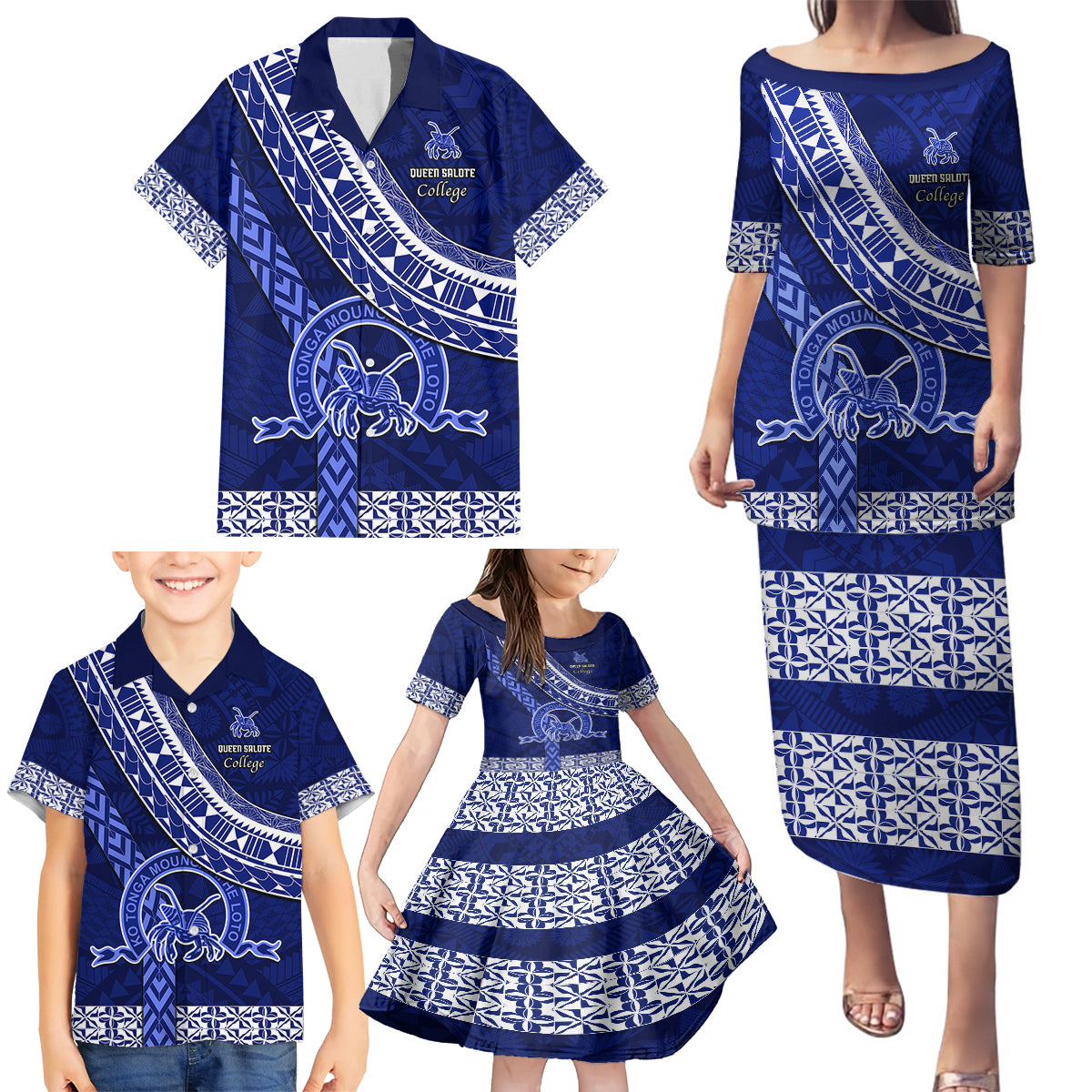 Custom Queen Salote College Family Matching Puletasi Dress and Hawaiian Shirt Tongan Kupesi Pattern LT05 - Polynesian Pride