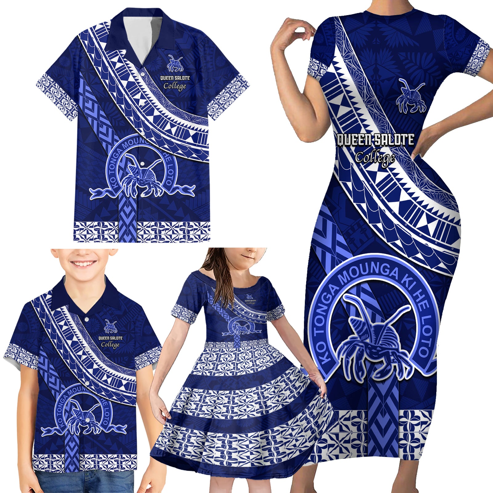 Custom Queen Salote College Family Matching Short Sleeve Bodycon Dress and Hawaiian Shirt Tongan Kupesi Pattern LT05 - Polynesian Pride