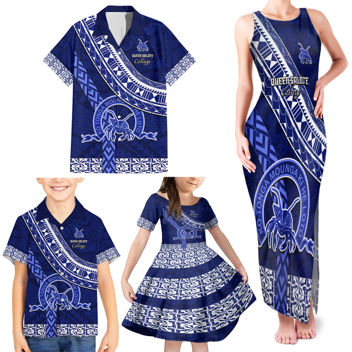 Custom Queen Salote College Family Matching Tank Maxi Dress and Hawaiian Shirt Tongan Kupesi Pattern LT05 - Polynesian Pride