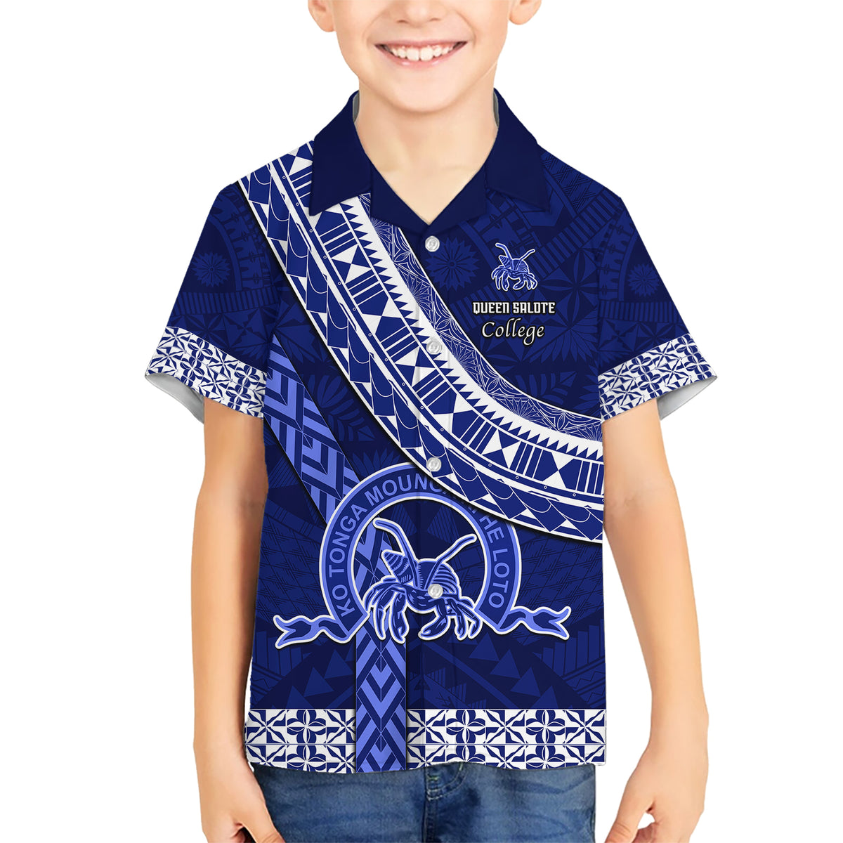 Custom Queen Salote College Kid Hawaiian Shirt Tongan Kupesi Pattern LT05 Kid Blue - Polynesian Pride
