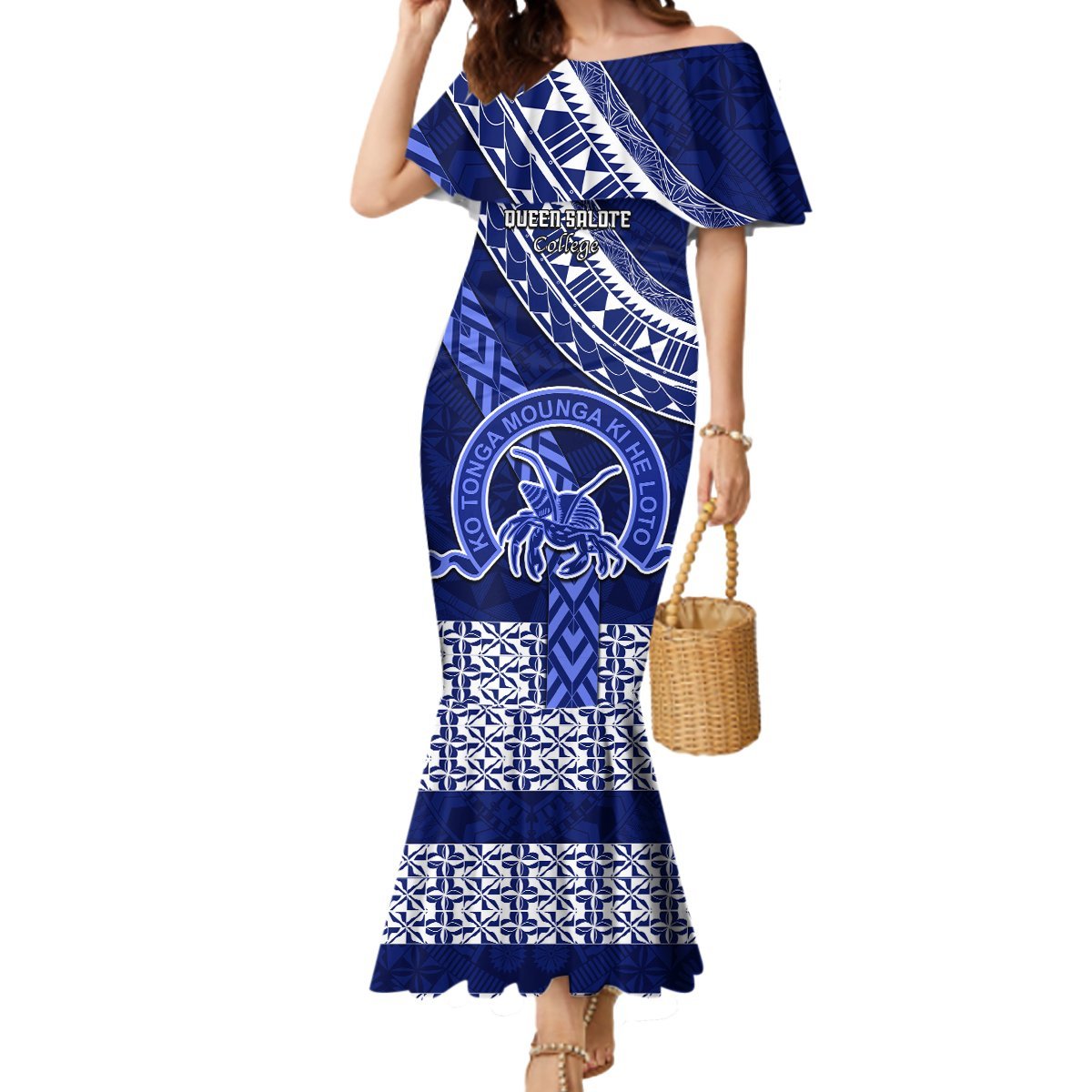 Custom Queen Salote College Mermaid Dress Tongan Kupesi Pattern LT05 Women Blue - Polynesian Pride