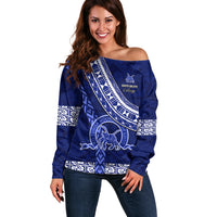 Custom Queen Salote College Off Shoulder Sweater Tongan Kupesi Pattern LT05 Women Blue - Polynesian Pride