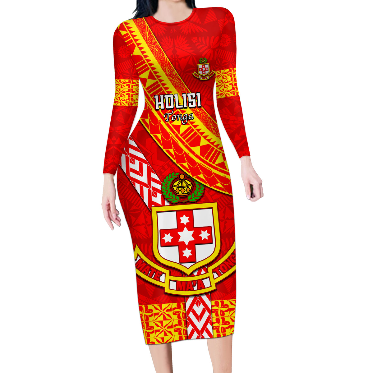Custom Kolisi Tonga Long Sleeve Bodycon Dress Tongan Kupesi Pattern LT05 Long Dress Red - Polynesian Pride