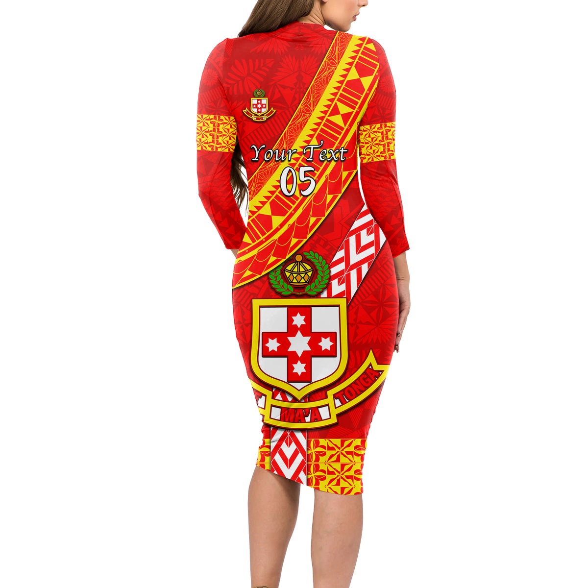 Custom Kolisi Tonga Long Sleeve Bodycon Dress Tongan Kupesi Pattern LT05 - Polynesian Pride