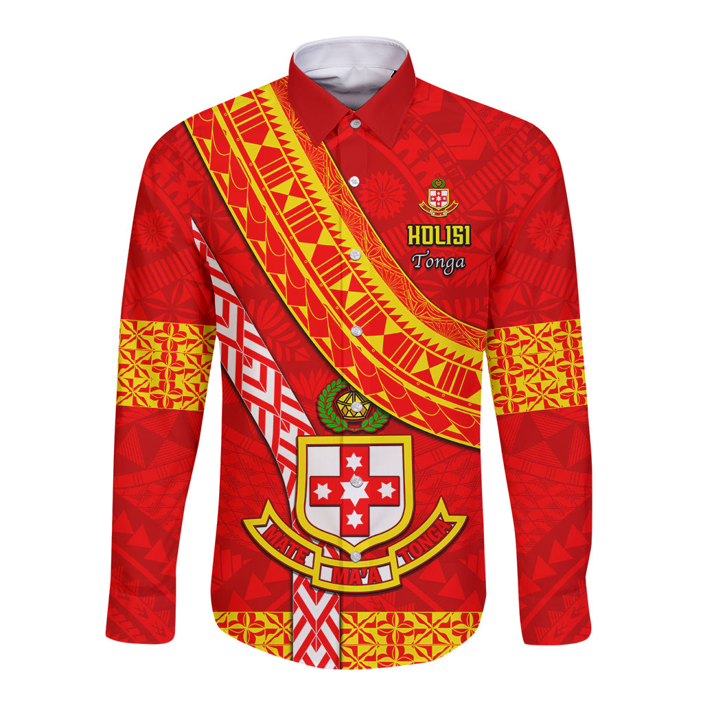 Custom Kolisi Tonga Long Sleeve Button Shirt Tongan Kupesi Pattern LT05 Unisex Red - Polynesian Pride