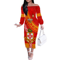 Custom Kolisi Tonga Off The Shoulder Long Sleeve Dress Tongan Kupesi Pattern LT05 Women Red - Polynesian Pride