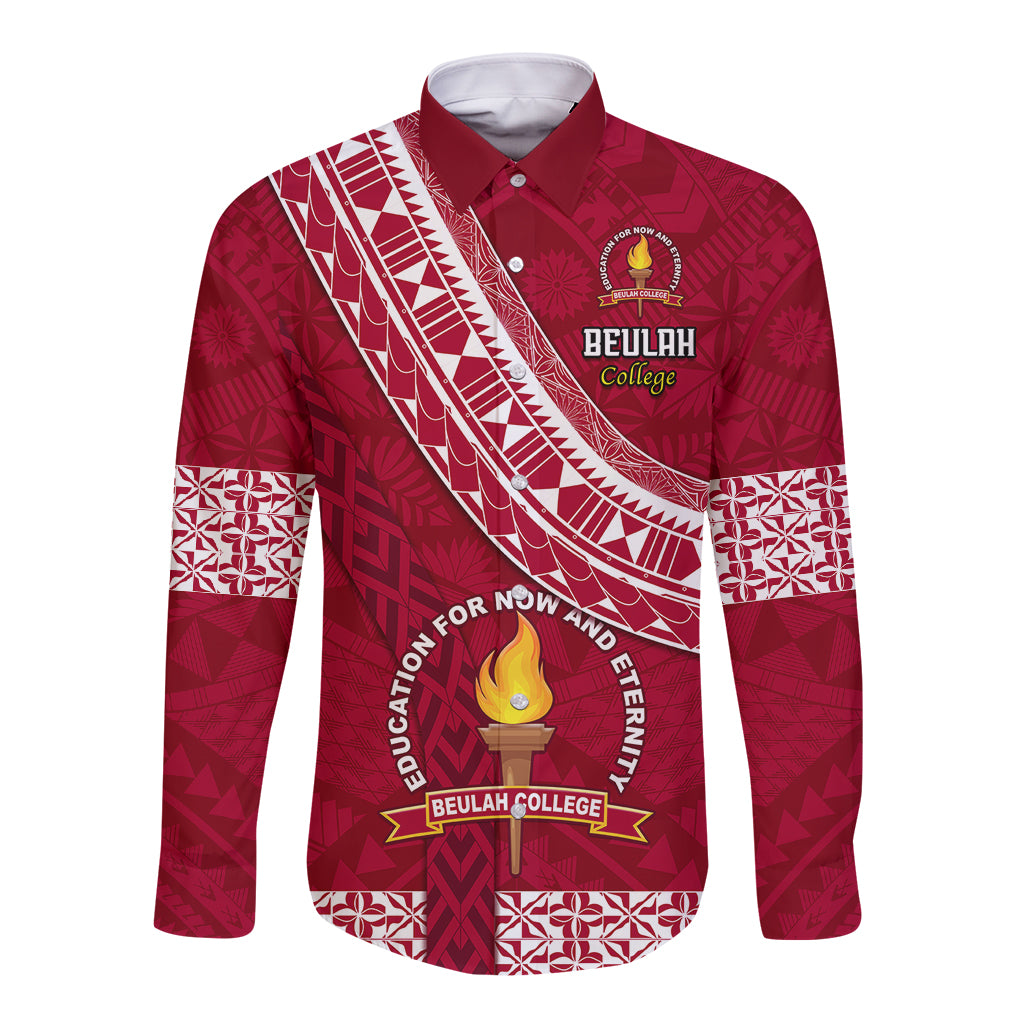 Custom Beulah College Long Sleeve Button Shirt Tongan Kupesi Pattern LT05 Unisex Red - Polynesian Pride