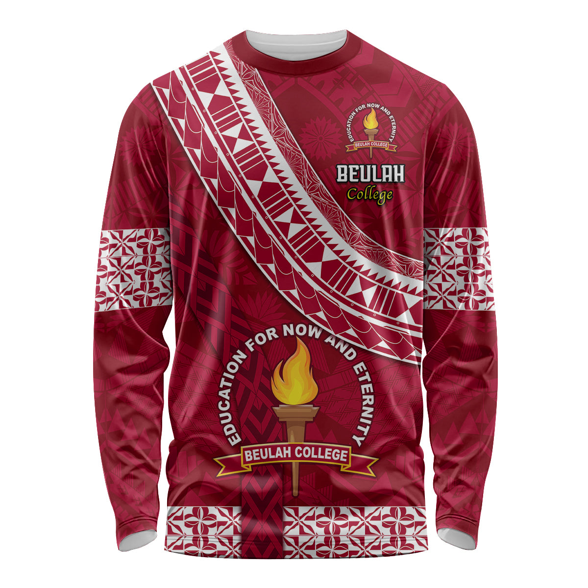 Custom Beulah College Long Sleeve Shirt Tongan Kupesi Pattern LT05 Unisex Red - Polynesian Pride