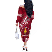 Custom Beulah College Off The Shoulder Long Sleeve Dress Tongan Kupesi Pattern LT05 - Polynesian Pride