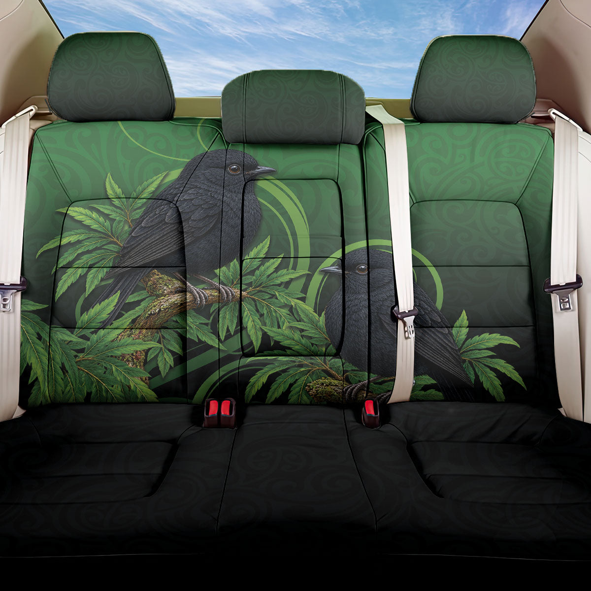 New Zealand Black Robin Back Car Seat Cover Karure Maori Koru Art Tattoo LT05 One Size Green - Polynesian Pride