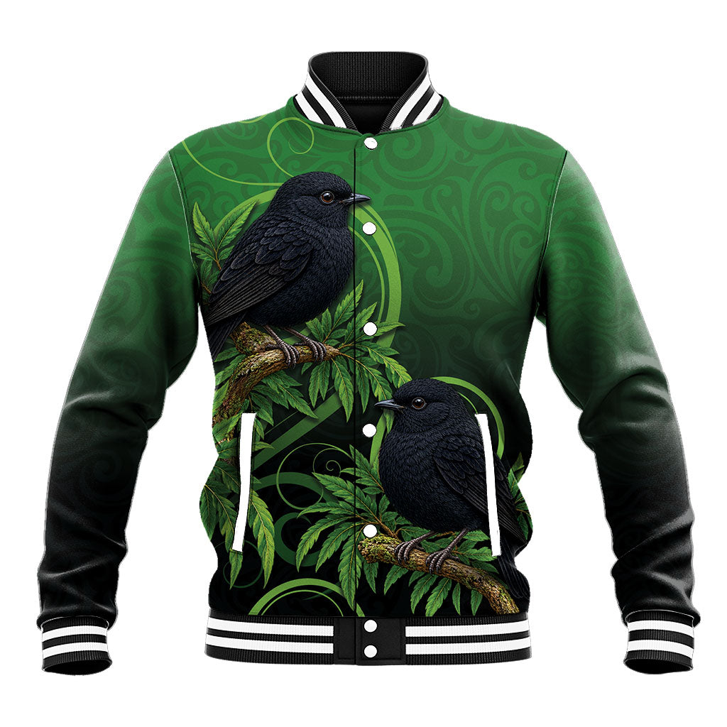 New Zealand Black Robin Baseball Jacket Karure Maori Koru Art Tattoo LT05 Unisex Green - Polynesian Pride