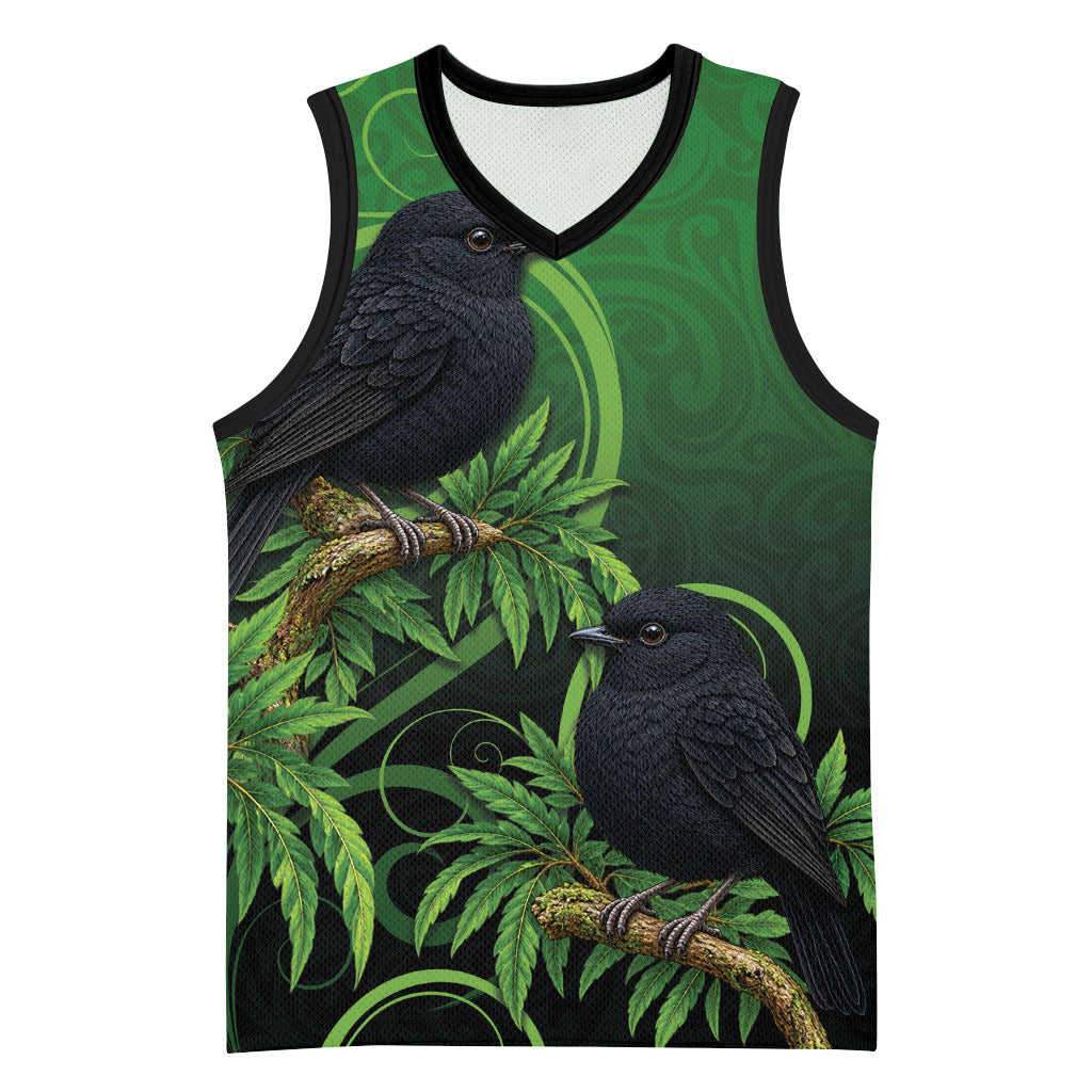 New Zealand Black Robin Basketball Jersey Karure Maori Koru Art Tattoo LT05 Unisex Green - Polynesian Pride