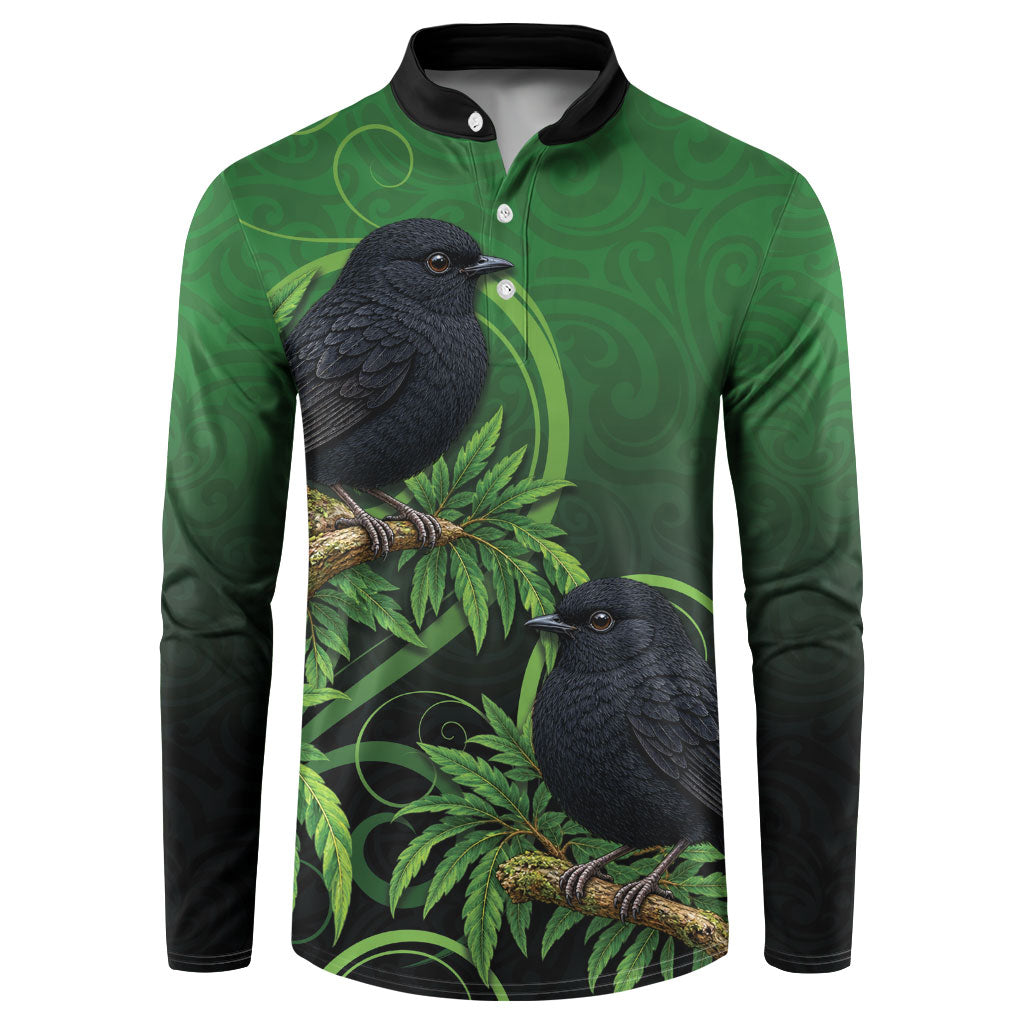 New Zealand Black Robin Button Sweatshirt Karure Maori Koru Art Tattoo LT05 Green - Polynesian Pride