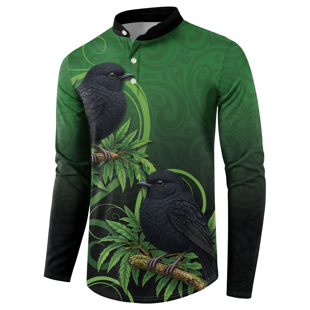 New Zealand Black Robin Button Sweatshirt Karure Maori Koru Art Tattoo LT05 - Polynesian Pride