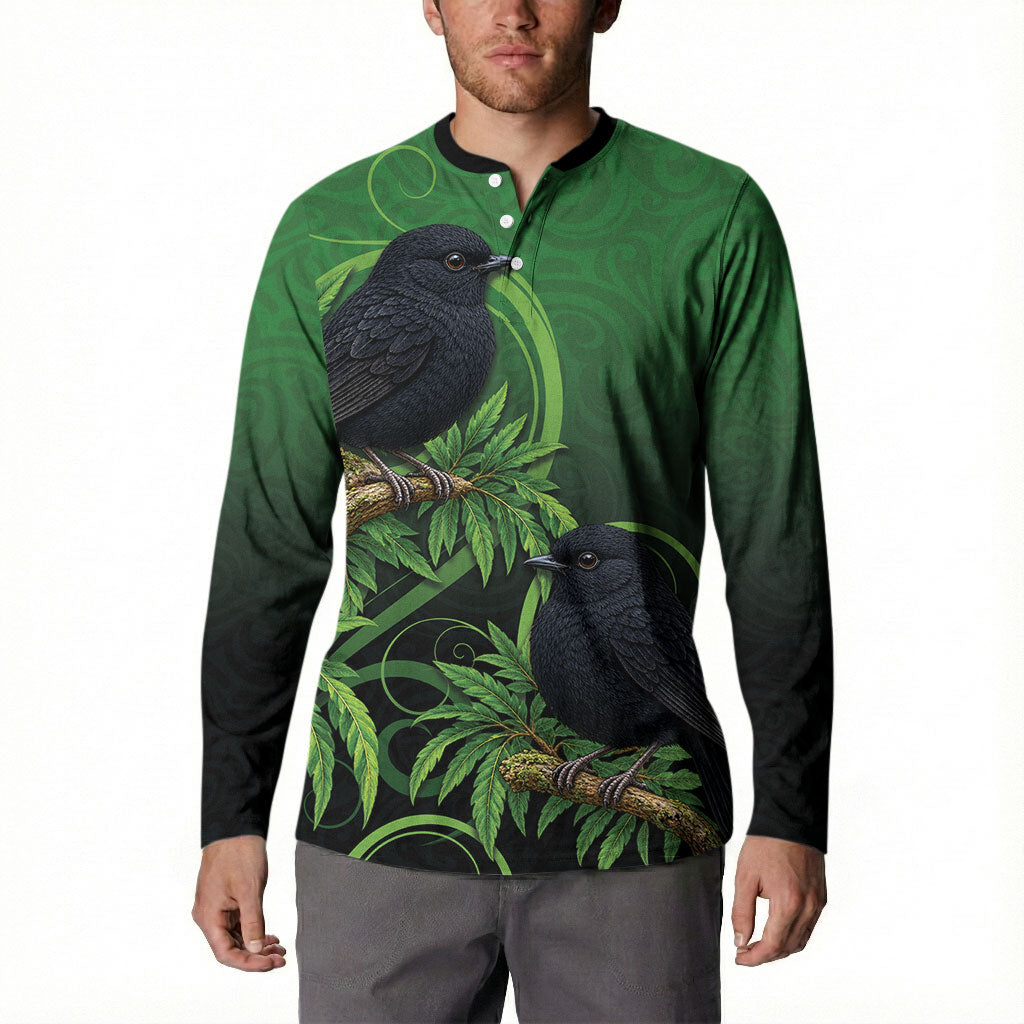 New Zealand Black Robin Button Sweatshirt Karure Maori Koru Art Tattoo LT05 - Polynesian Pride