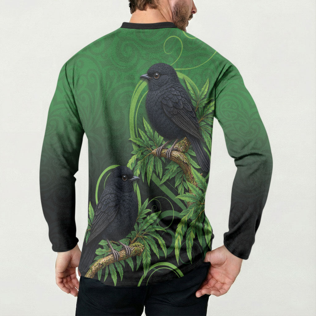 New Zealand Black Robin Button Sweatshirt Karure Maori Koru Art Tattoo LT05 - Polynesian Pride
