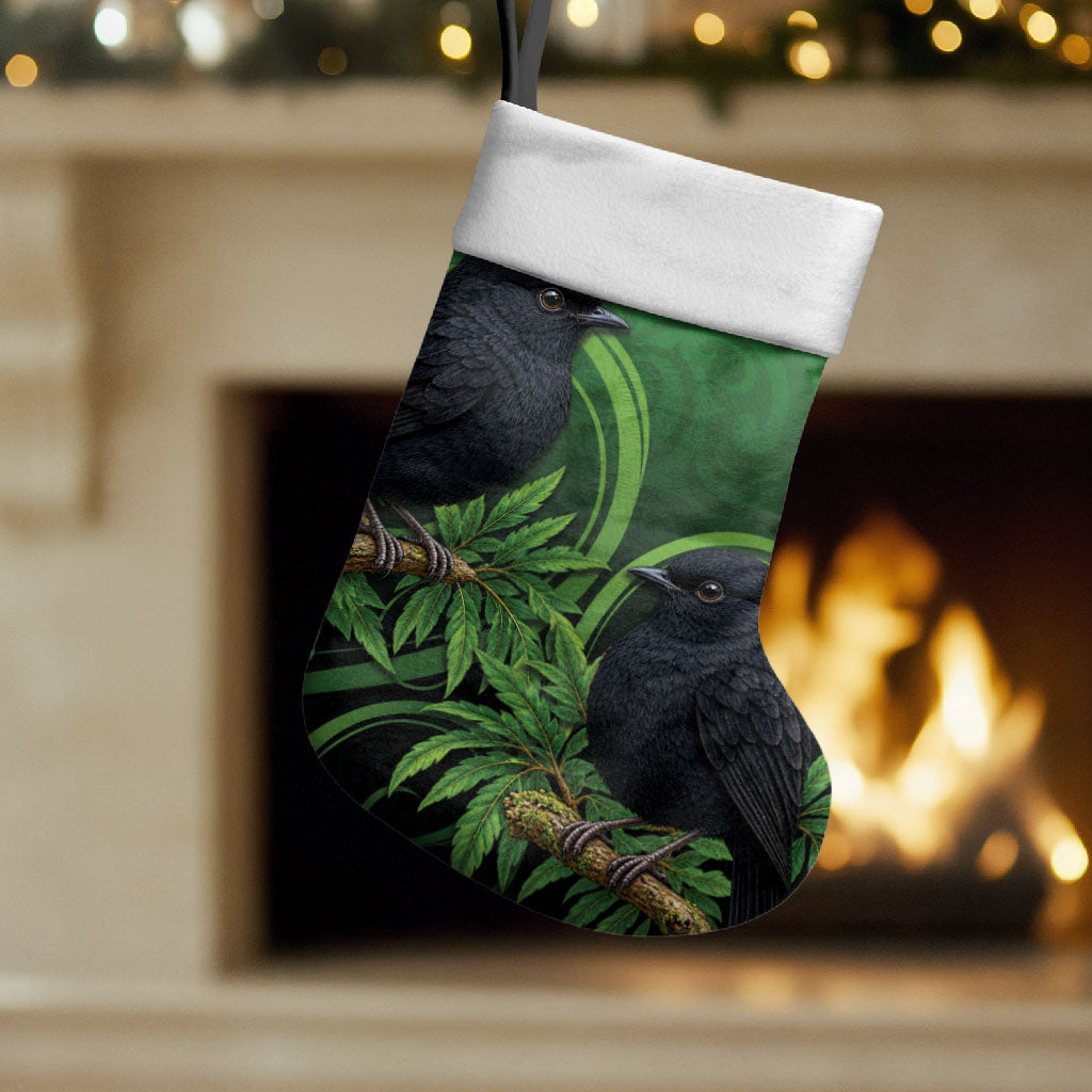 New Zealand Black Robin Christmas Stocking Karure Maori Koru Art Tattoo LT05 Set of 2 Green - Polynesian Pride