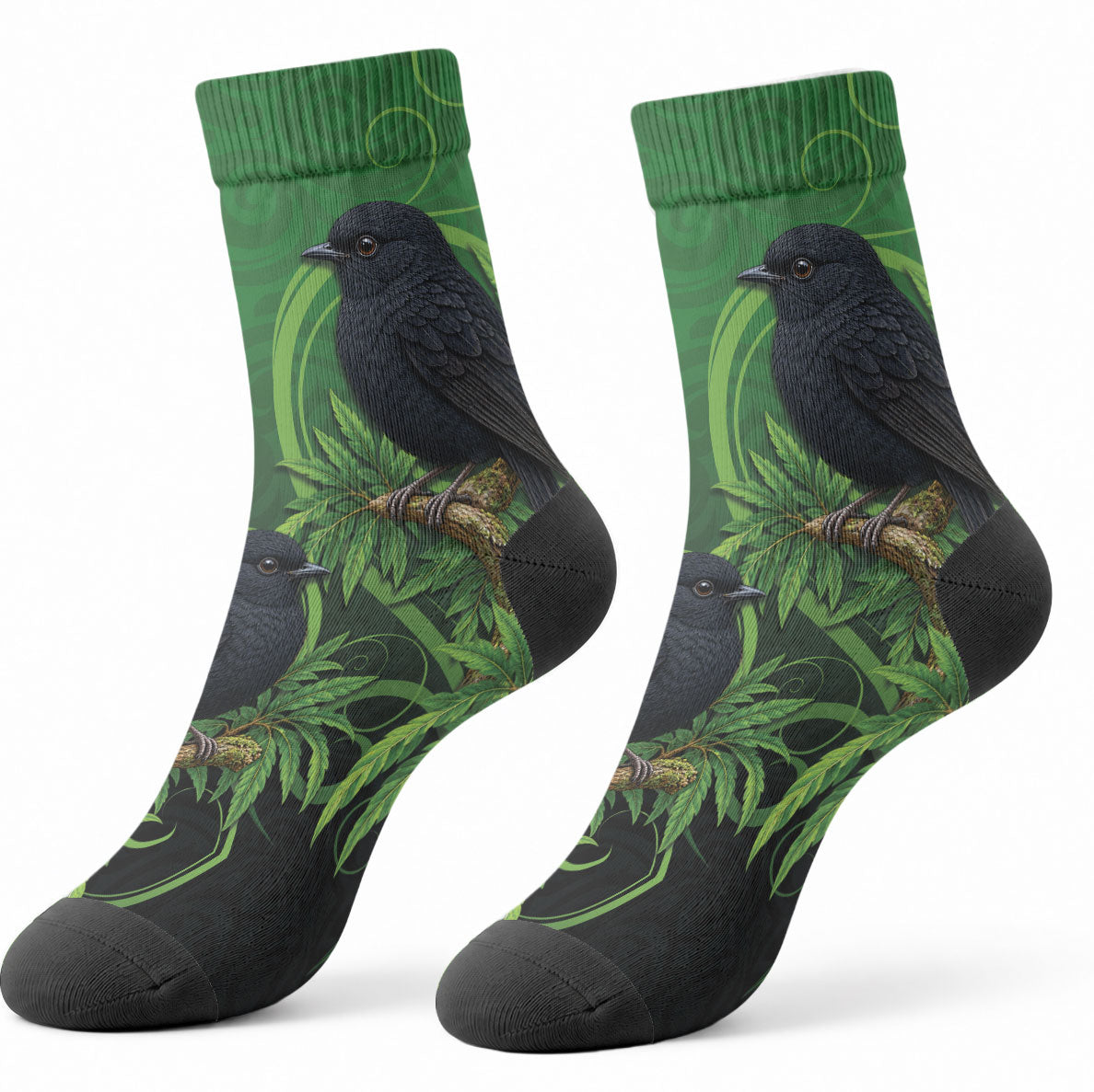 New Zealand Black Robin Crew Socks Karure Maori Koru Art Tattoo LT05 - Polynesian Pride