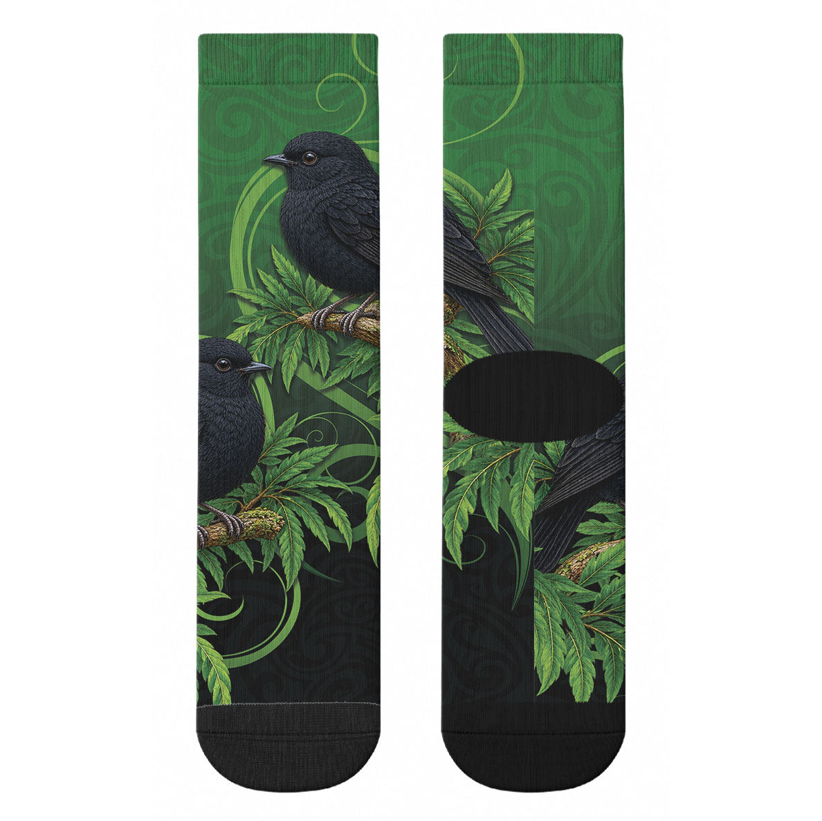 New Zealand Black Robin Crew Socks Karure Maori Koru Art Tattoo LT05 - Polynesian Pride