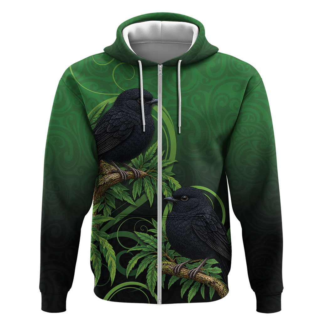 New Zealand Black Robin Hoodie Karure Maori Koru Art Tattoo LT05 Zip Hoodie Green - Polynesian Pride