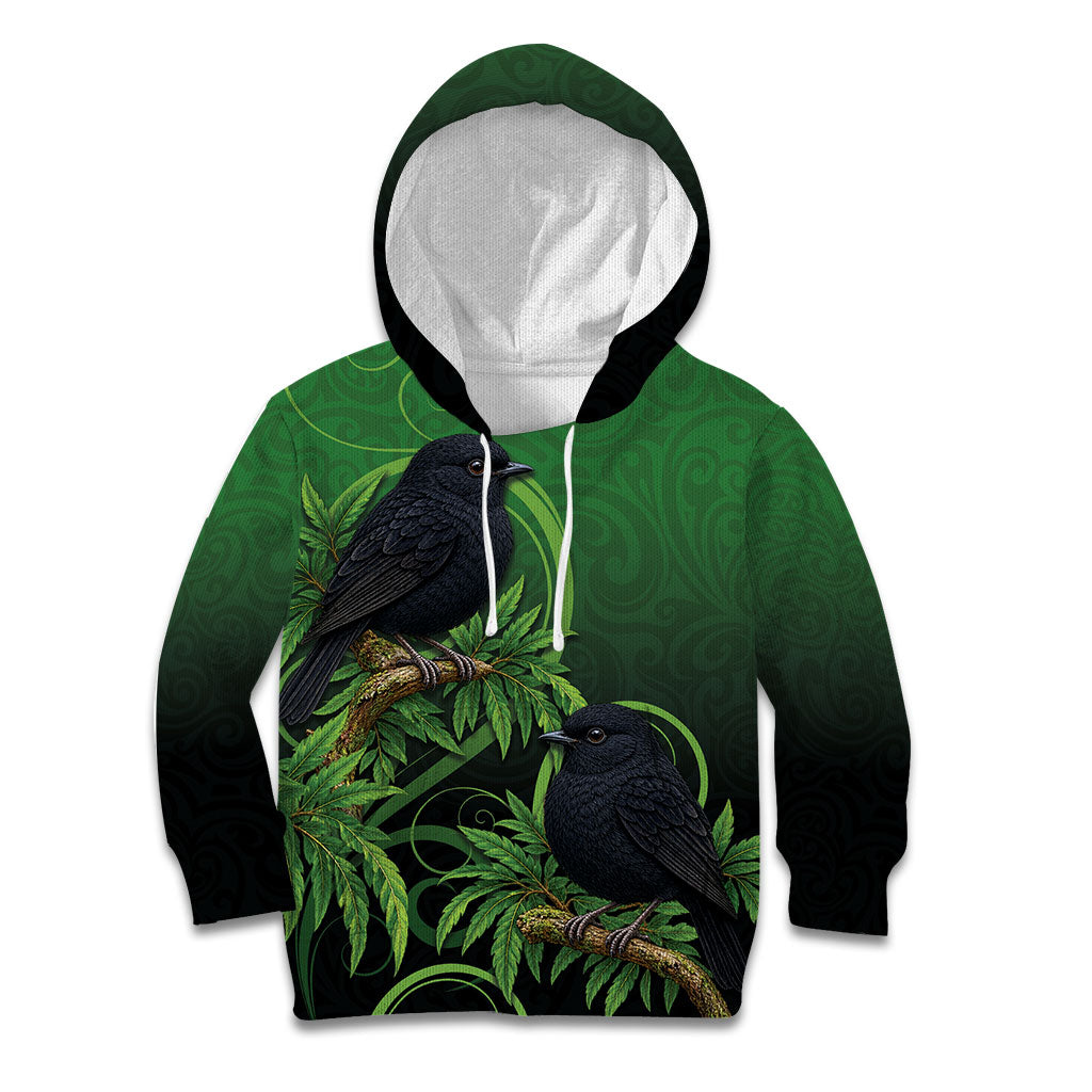 New Zealand Black Robin Kid Hoodie Karure Maori Koru Art Tattoo LT05 Hoodie Green - Polynesian Pride