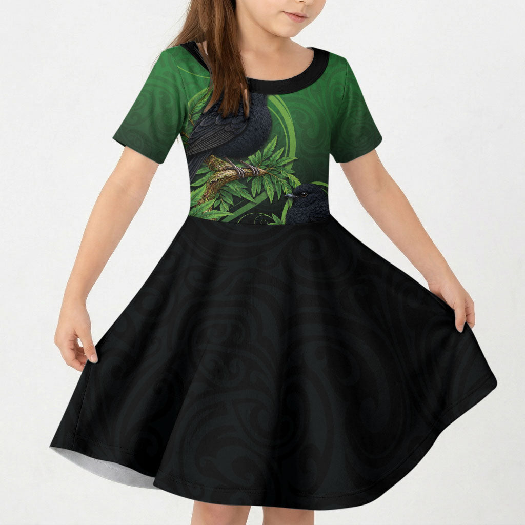 New Zealand Black Robin Kid Short Sleeve Dress Karure Maori Koru Art Tattoo LT05 KID Green - Polynesian Pride
