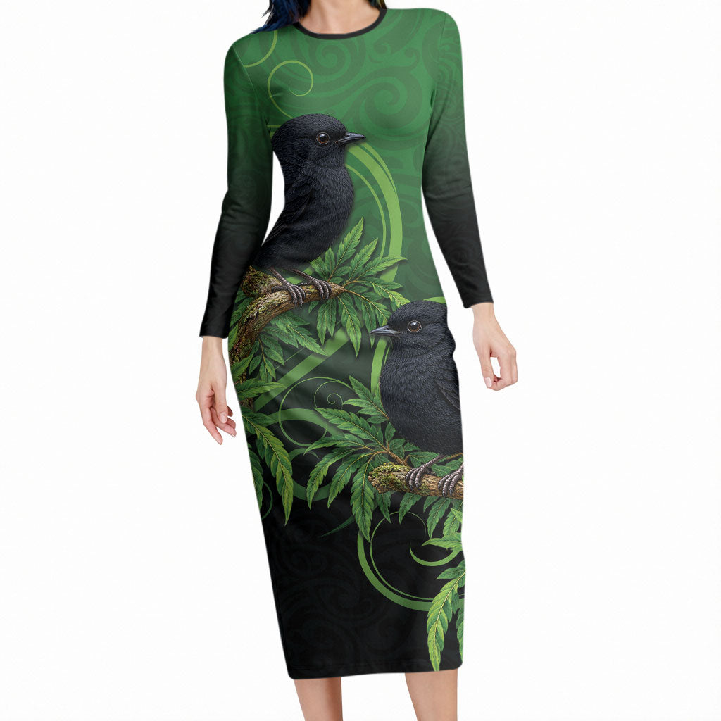 New Zealand Black Robin Long Sleeve Bodycon Dress Karure Maori Koru Art Tattoo LT05 Long Dress Green - Polynesian Pride