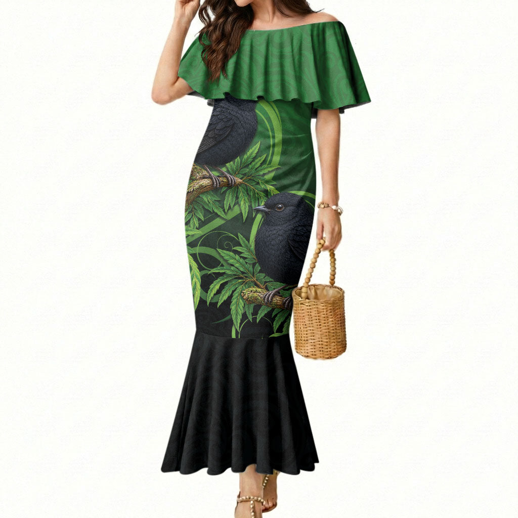 New Zealand Black Robin Mermaid Dress Karure Maori Koru Art Tattoo LT05 Women Green - Polynesian Pride