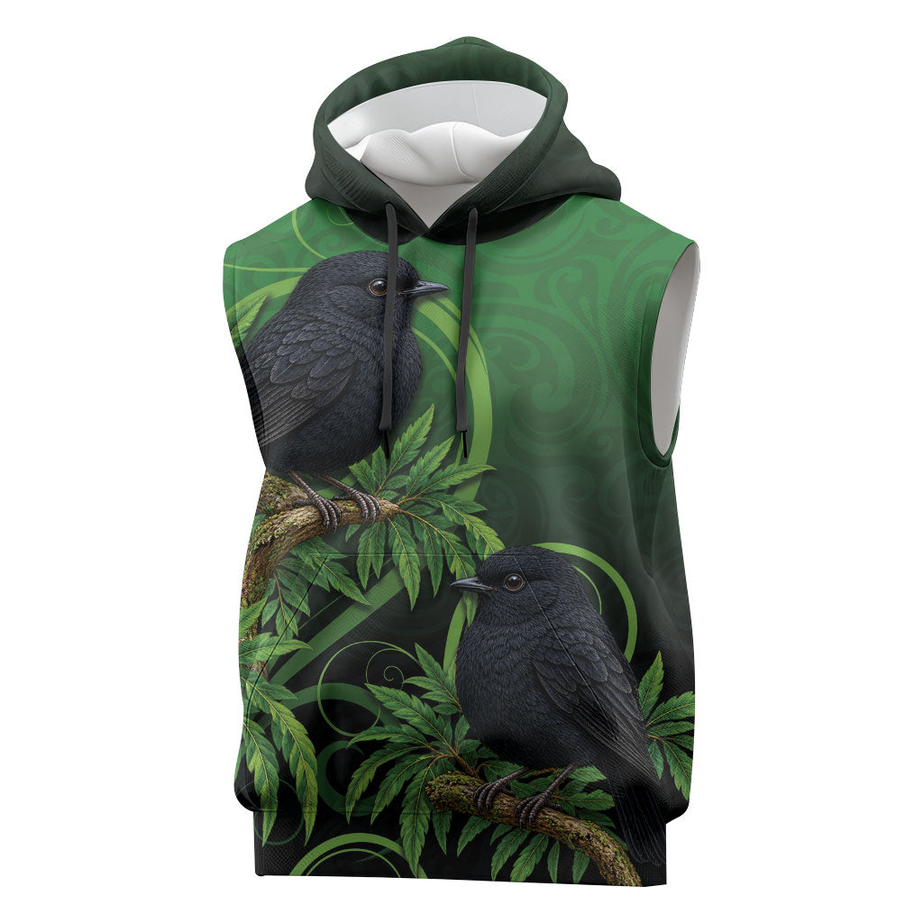 New Zealand Black Robin Sleeveless Hoodie Karure Maori Koru Art Tattoo LT05 Green - Polynesian Pride