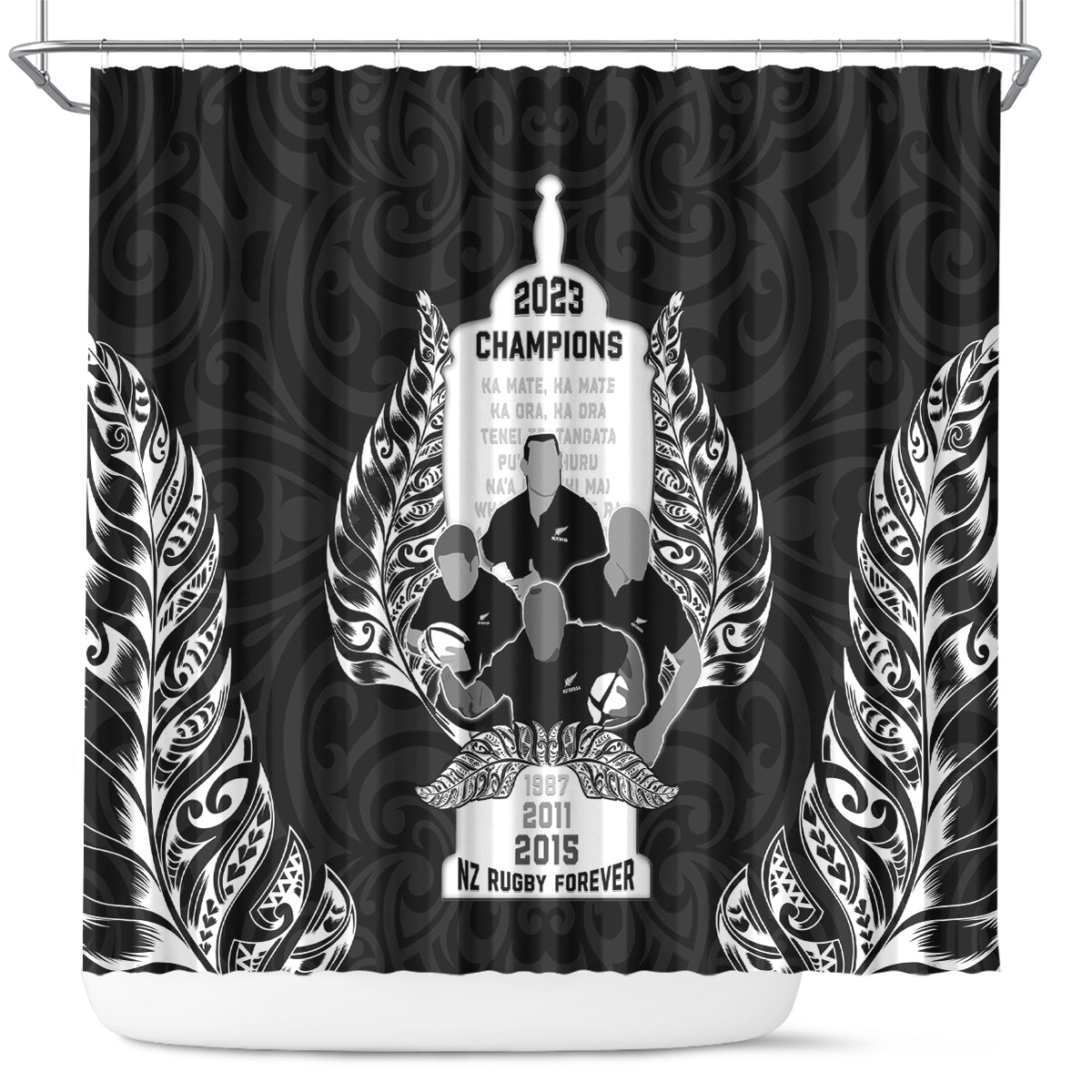 New Zealand Rugby Shower Curtain The Haka With Champions Cup LT05 Black - Polynesian Pride