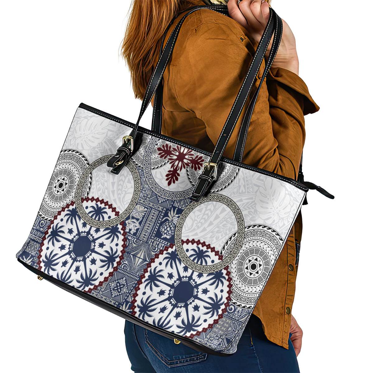 Hawaii Leather Tote Bag Barkcloth Pattern Vintage Style LT05 - Polynesian Pride