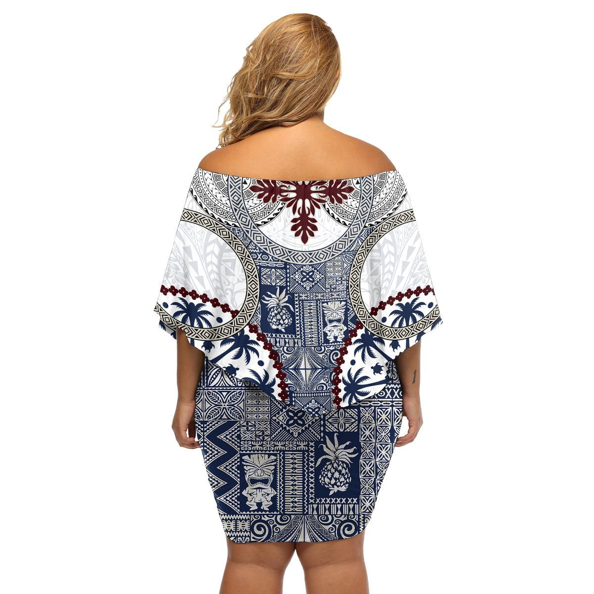 Hawaii Off Shoulder Short Dress Barkcloth Pattern Vintage Style LT05 - Polynesian Pride