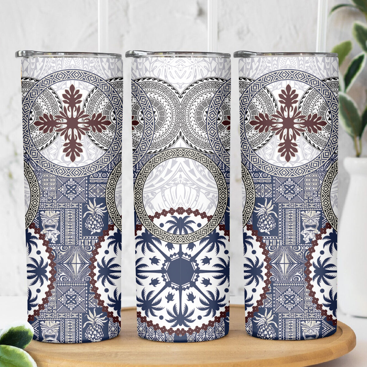 Hawaii Skinny Tumbler Barkcloth Pattern Vintage Style LT05 - Polynesian Pride