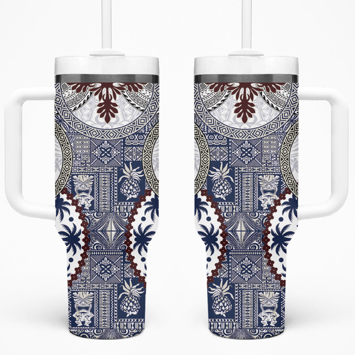 Hawaii Tumbler With Handle Barkcloth Pattern Vintage Style LT05 One Size: 40 oz Blue - Polynesian Pride