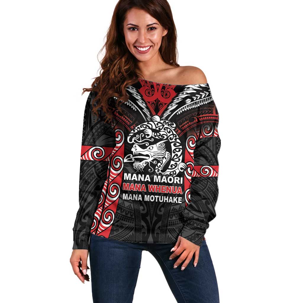 Aotearoa Mana Maori Off Shoulder Sweater Toitu Te Tiriti LT05 Women Black - Polynesian Pride