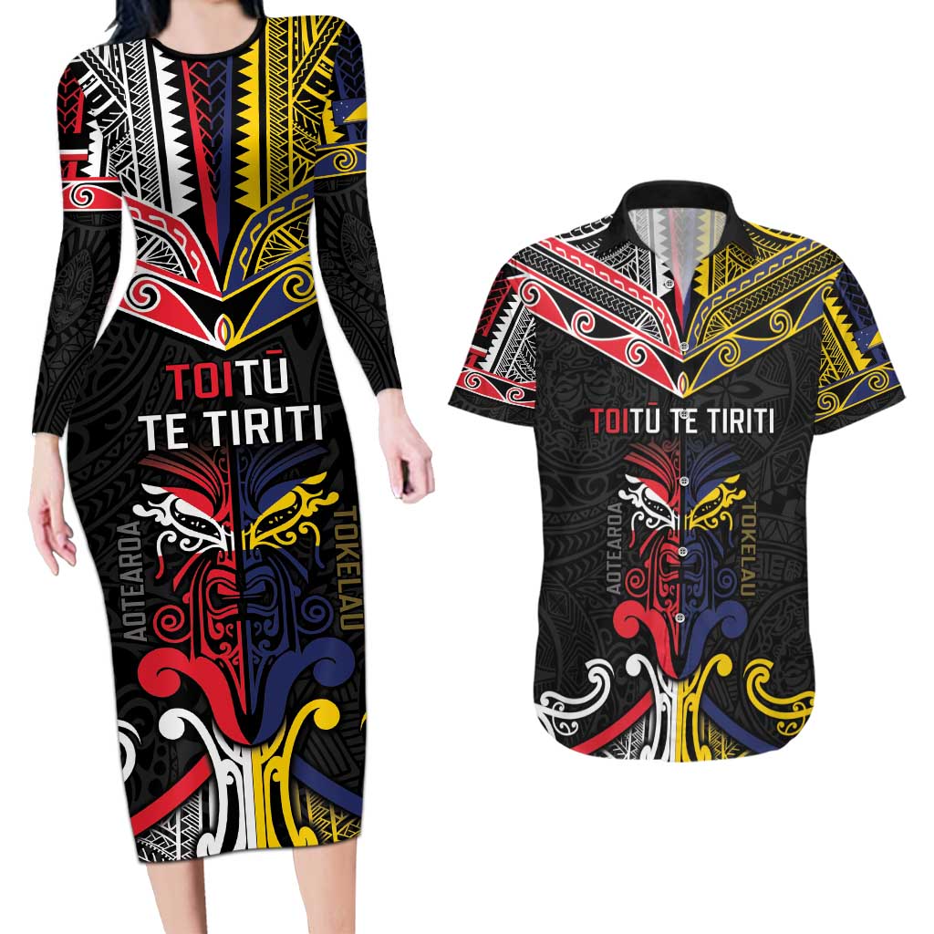 Tokelau And Aotearoa Couples Matching Long Sleeve Bodycon Dress and Hawaiian Shirt Together For Te Tiriti O Waitangi