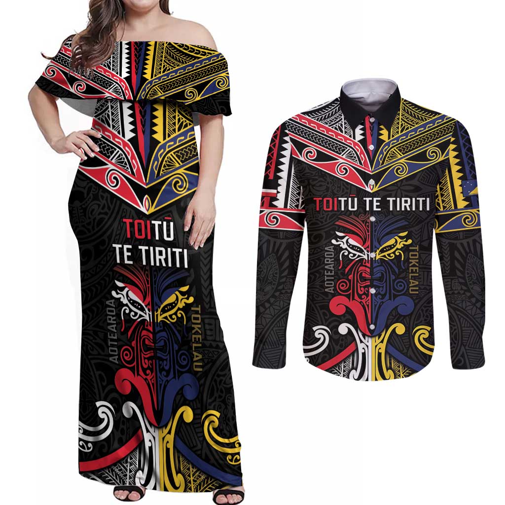 Tokelau And Aotearoa Couples Matching Off Shoulder Maxi Dress and Long Sleeve Button Shirt Together For Te Tiriti O Waitangi