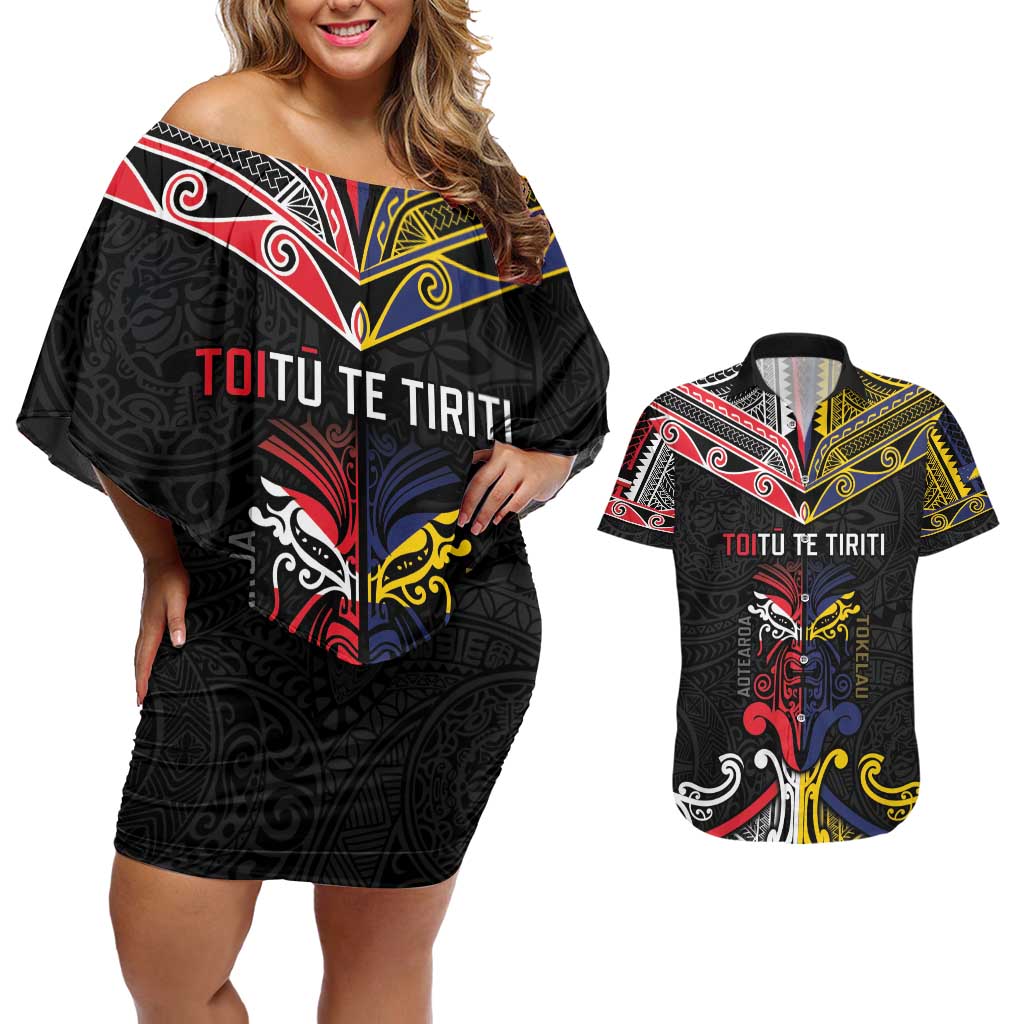 Tokelau And Aotearoa Couples Matching Off Shoulder Short Dress and Hawaiian Shirt Together For Te Tiriti O Waitangi