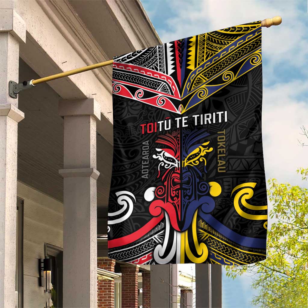 Tokelau And Aotearoa Garden Flag Together For Te Tiriti O Waitangi LT05 House Flag Black - Polynesian Pride