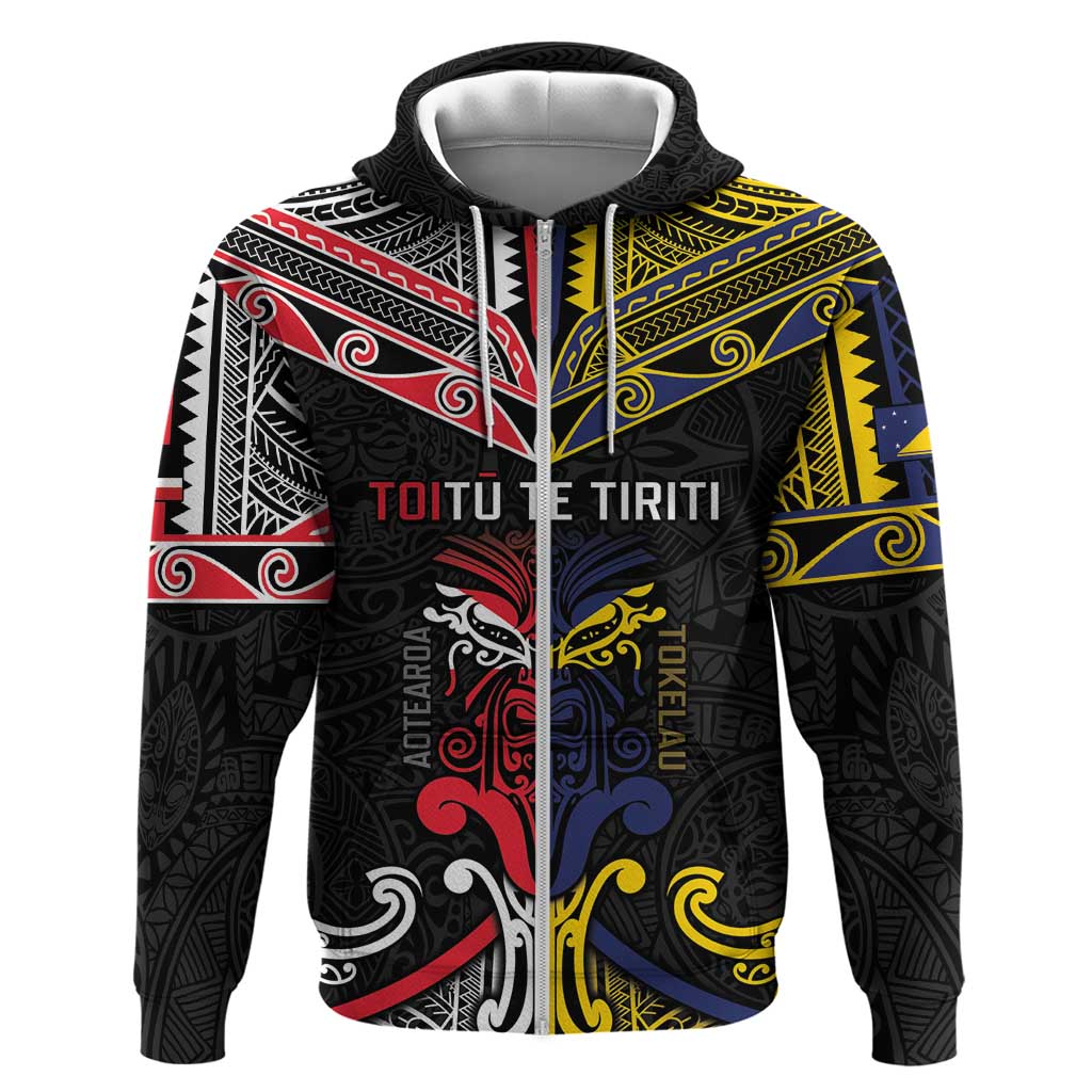 Tokelau And Aotearoa Hoodie Together For Te Tiriti O Waitangi LT05 Zip Hoodie Black - Polynesian Pride
