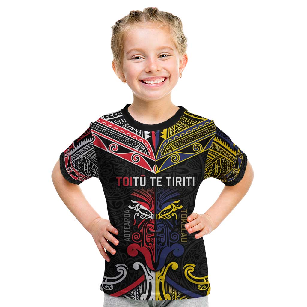 Tokelau And Aotearoa Kid T Shirt Together For Te Tiriti O Waitangi LT05 Black - Polynesian Pride