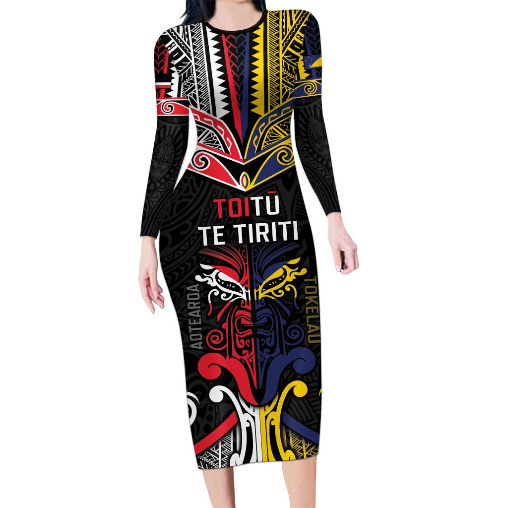 Tokelau And Aotearoa Long Sleeve Bodycon Dress Together For Te Tiriti O Waitangi